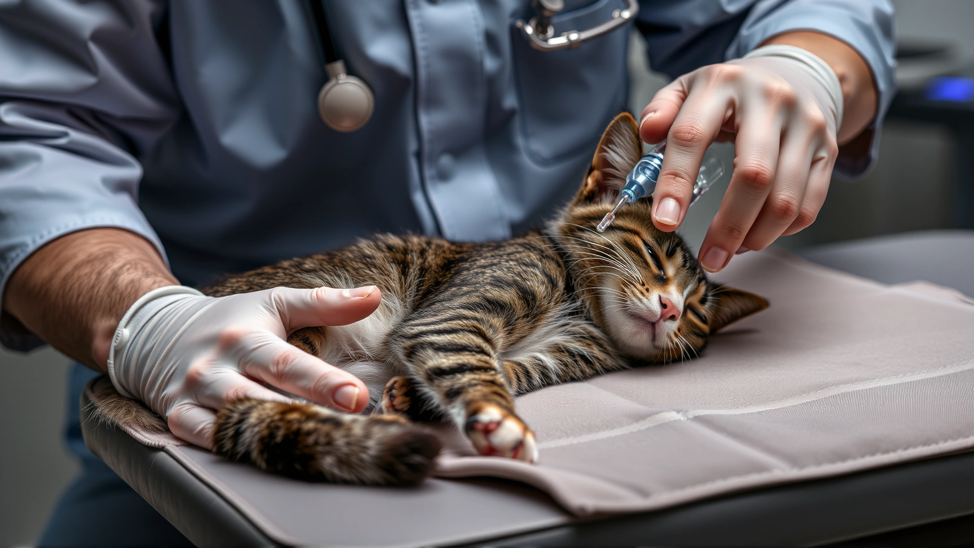 Veterinarian administering intravenous fluids to a recovering cat on a padded table, focus on gentle care.