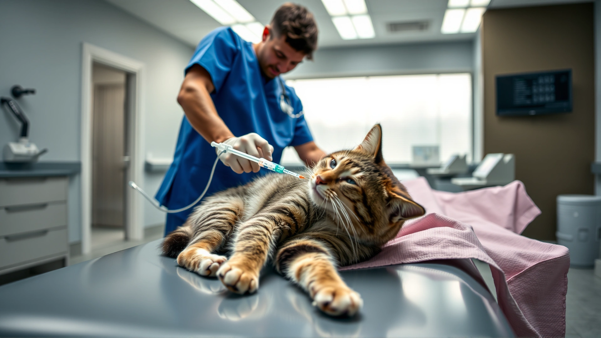 Veterinarian in blue scrubs administering intravenous fluids to a sedated cat on an examination table inside a modern clinic