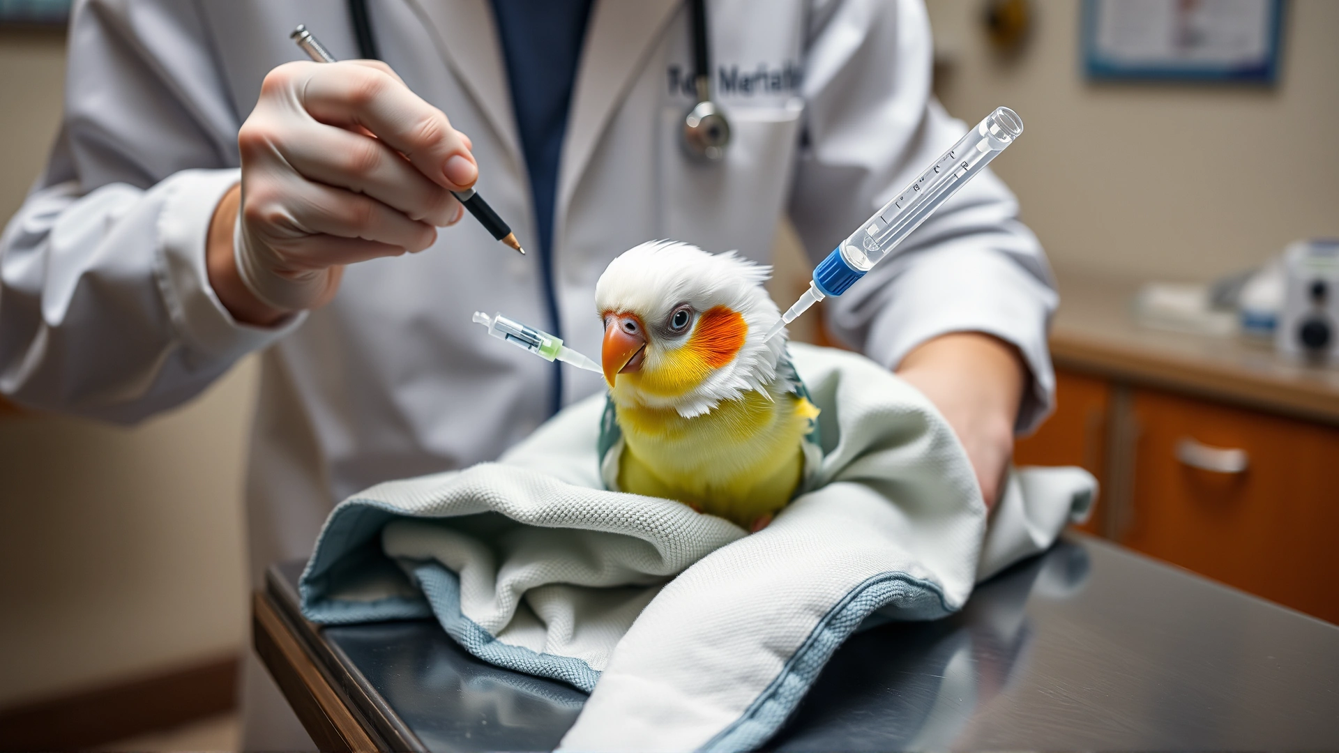 Avian veterinarian administering subcutaneous fluids to a small cockatiel wrapped in a towel on an exam table; caring environment, clinic background