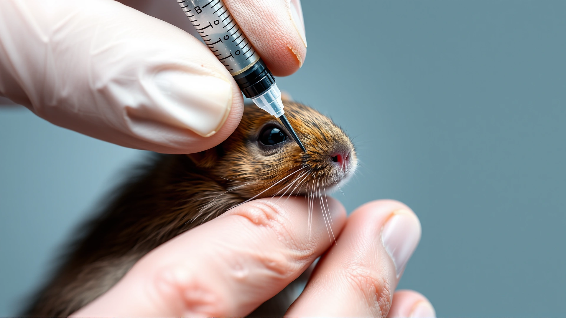 Close-up of a veterinarian hand administering a vitamin B1 injection to a small rodent, focus on syringe and fur