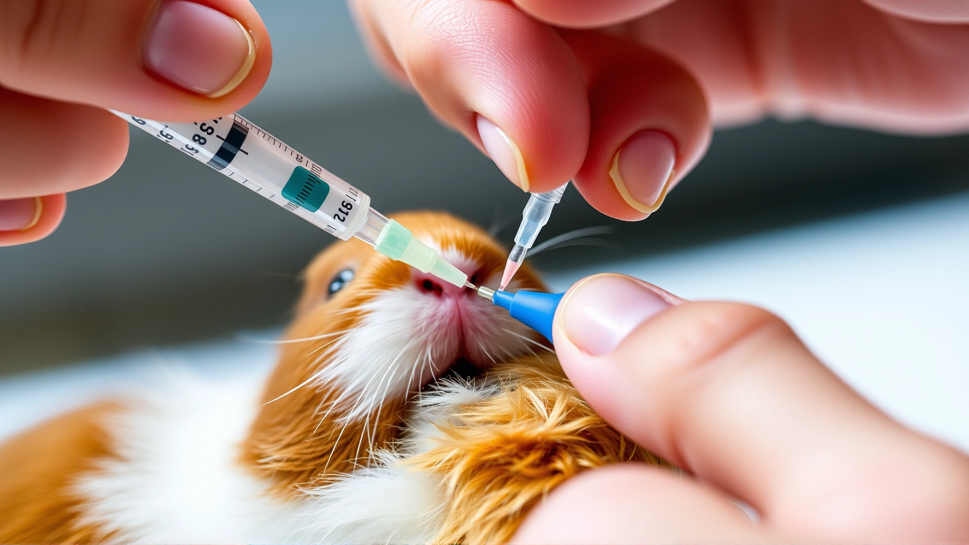 Close-up of a hand administering oral medicine to a guinea pig using a small syringe, focus on gentle handling.