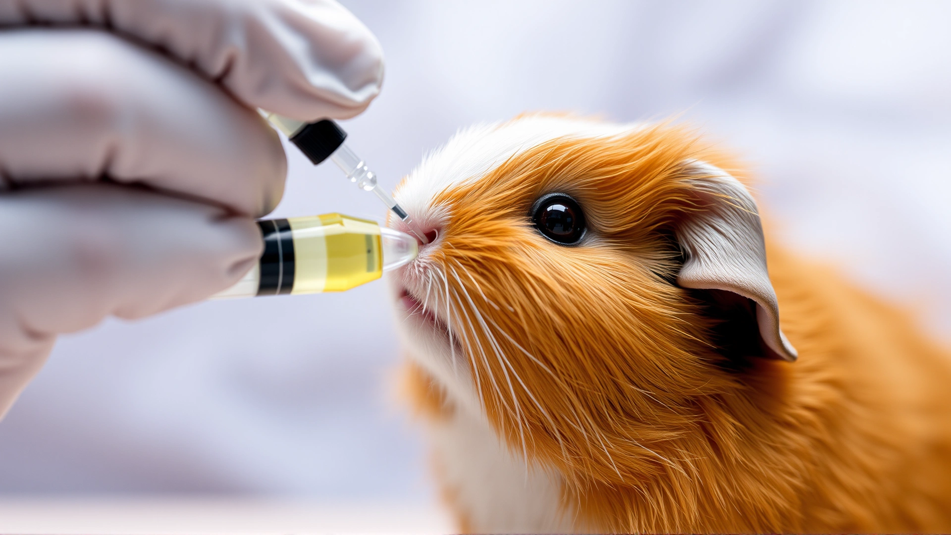 Close-up of a caregiver administering oral liquid antibiotic to a guinea pig using a small syringe