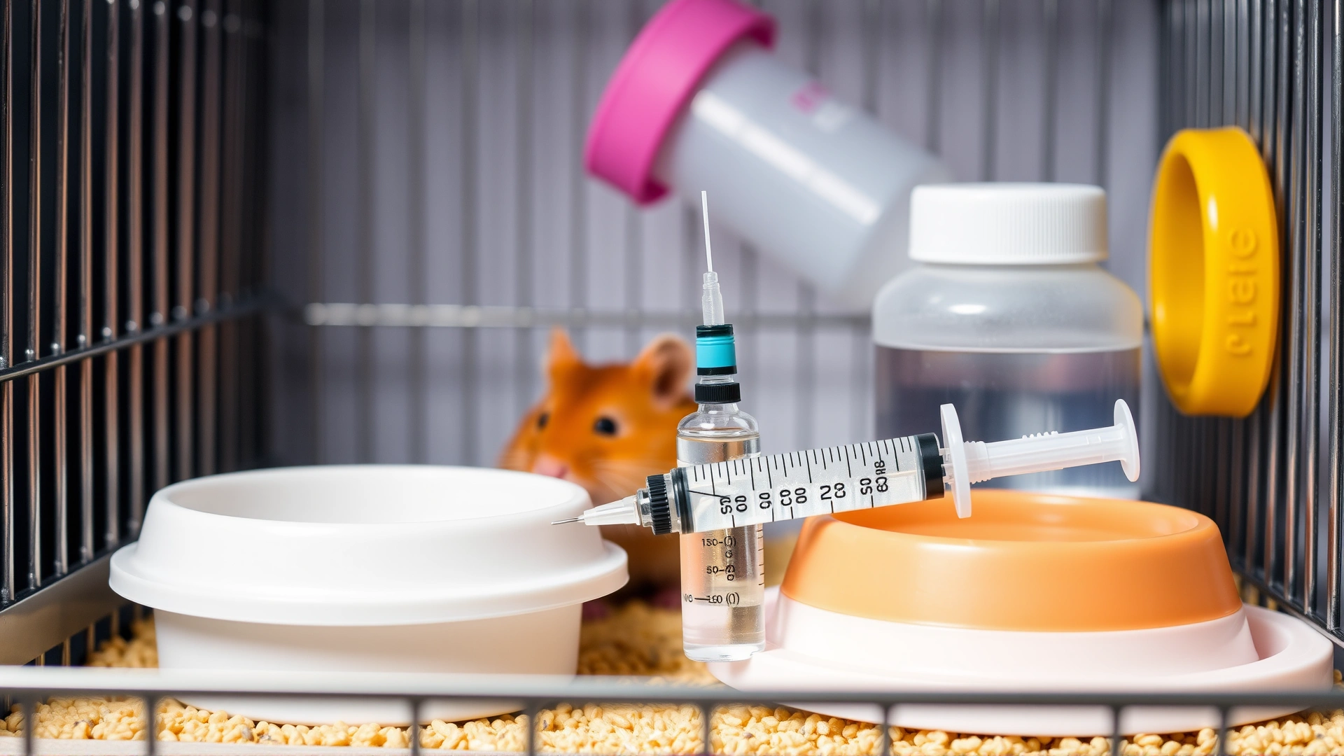 Small syringe of antibiotic solution next to food dish and water bottle inside a hamster cage, representing treatment