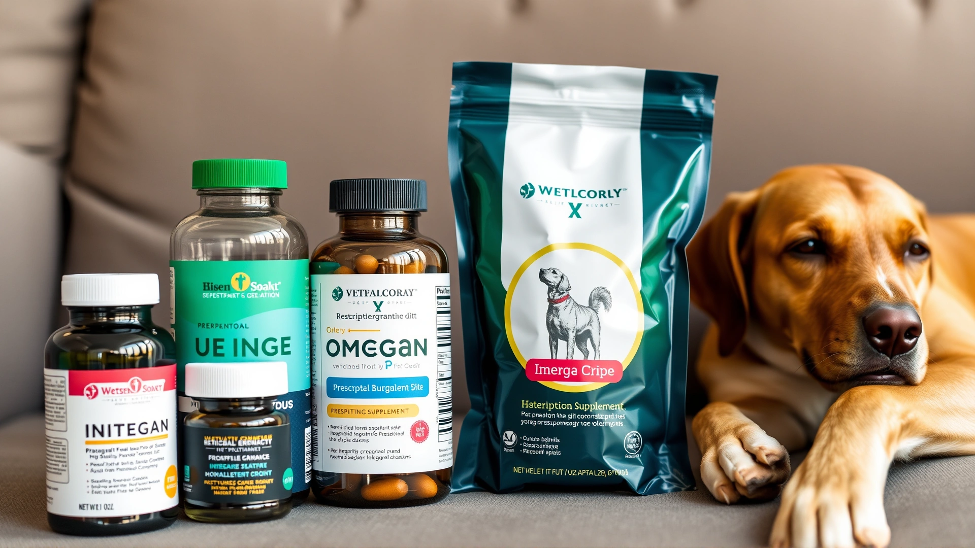 Assorted bottles of veterinary medications, omega-3 supplements, and a packet of prescription hypoallergenic diet arranged neatly next to a relaxed dog on a sofa