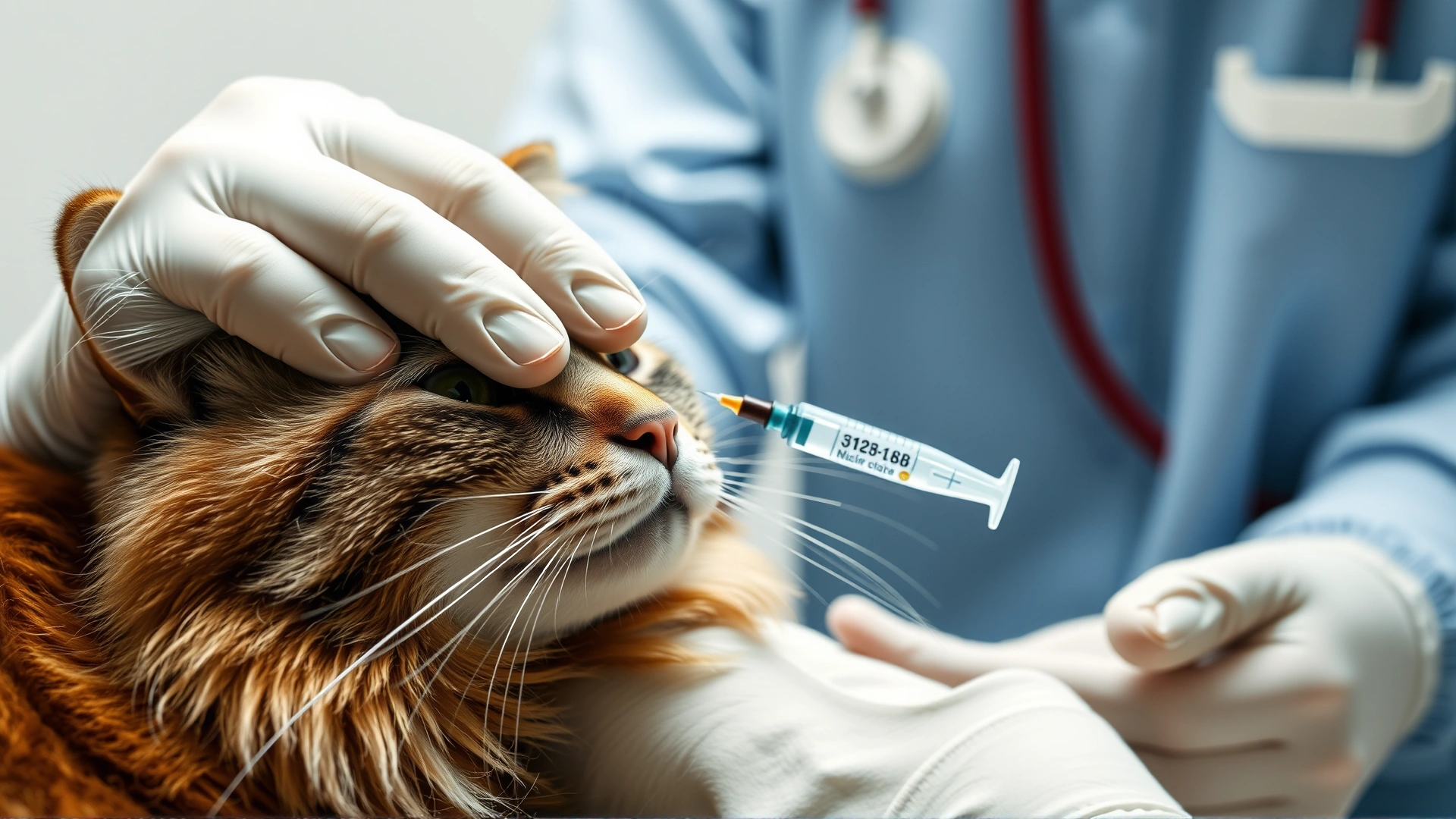 Veterinarian gently administering an injection to a relaxed cat, focus on syringe entering the shoulder area, sterile clinical setting. No text.