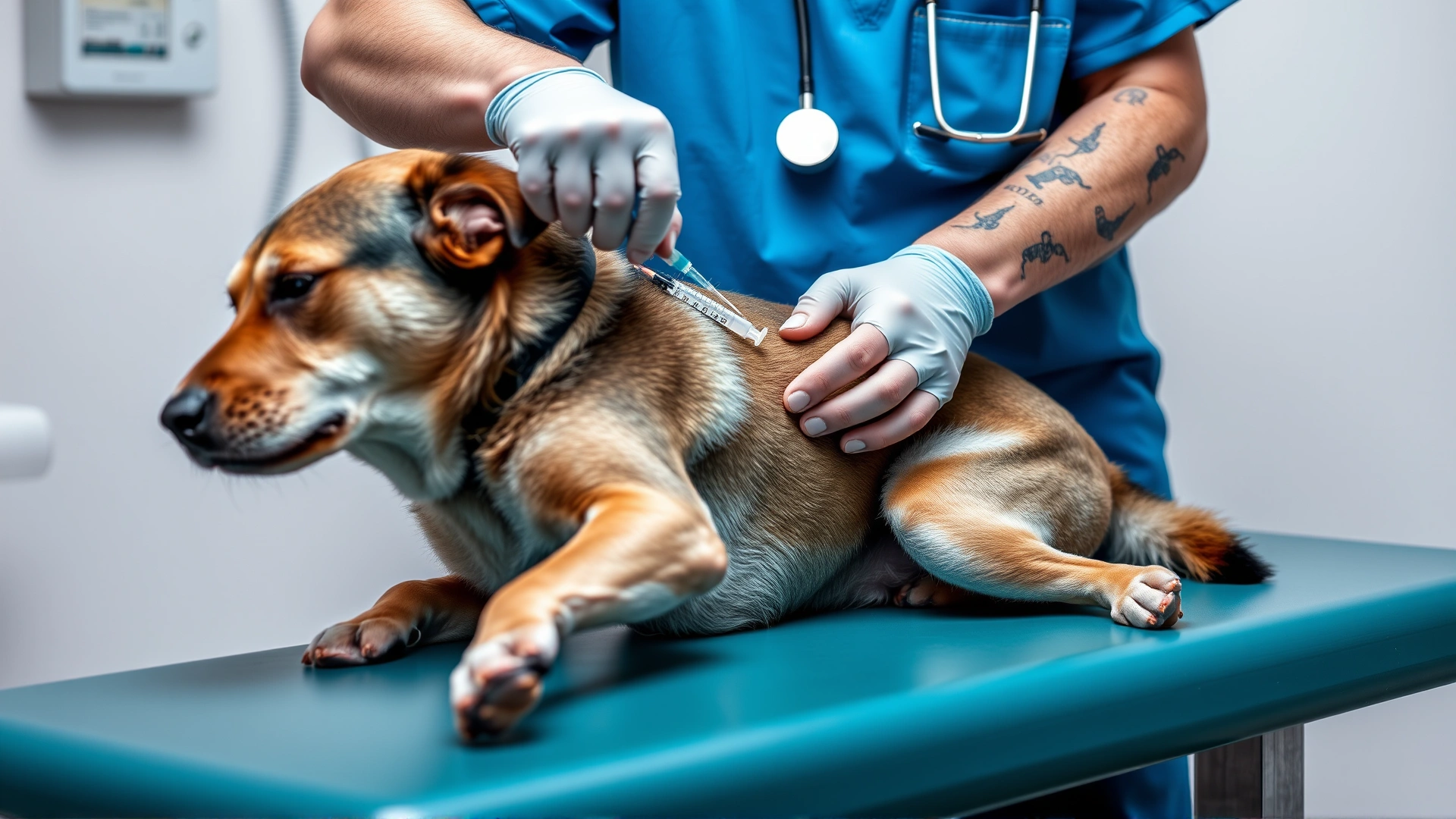 Veterinarian in blue scrubs administering an injection into the lumbar area of a calm adult dog on an exam table, focus on care and professionalism.