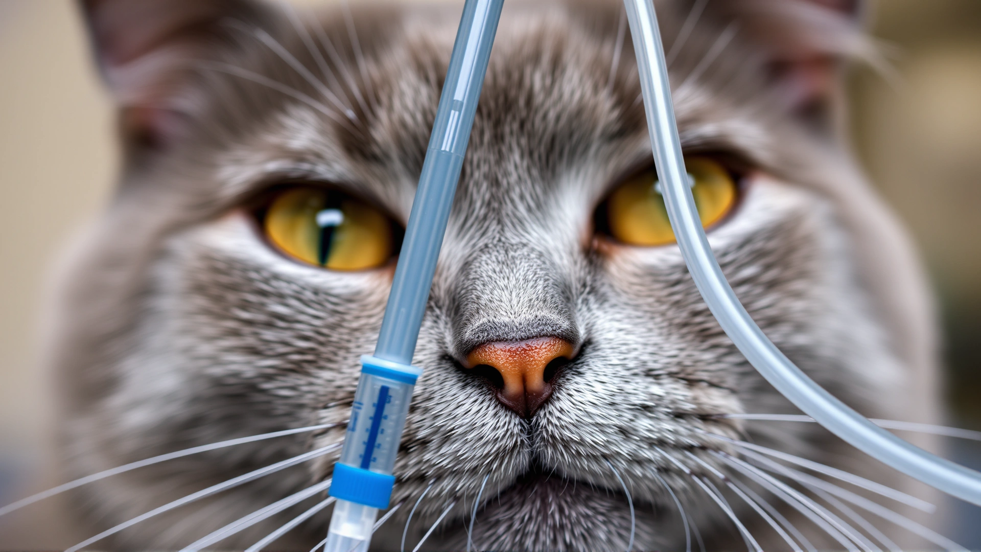 Close-up of a gray cat receiving intravenous fluids through a catheter at a veterinary hospital, focus on the IV line.