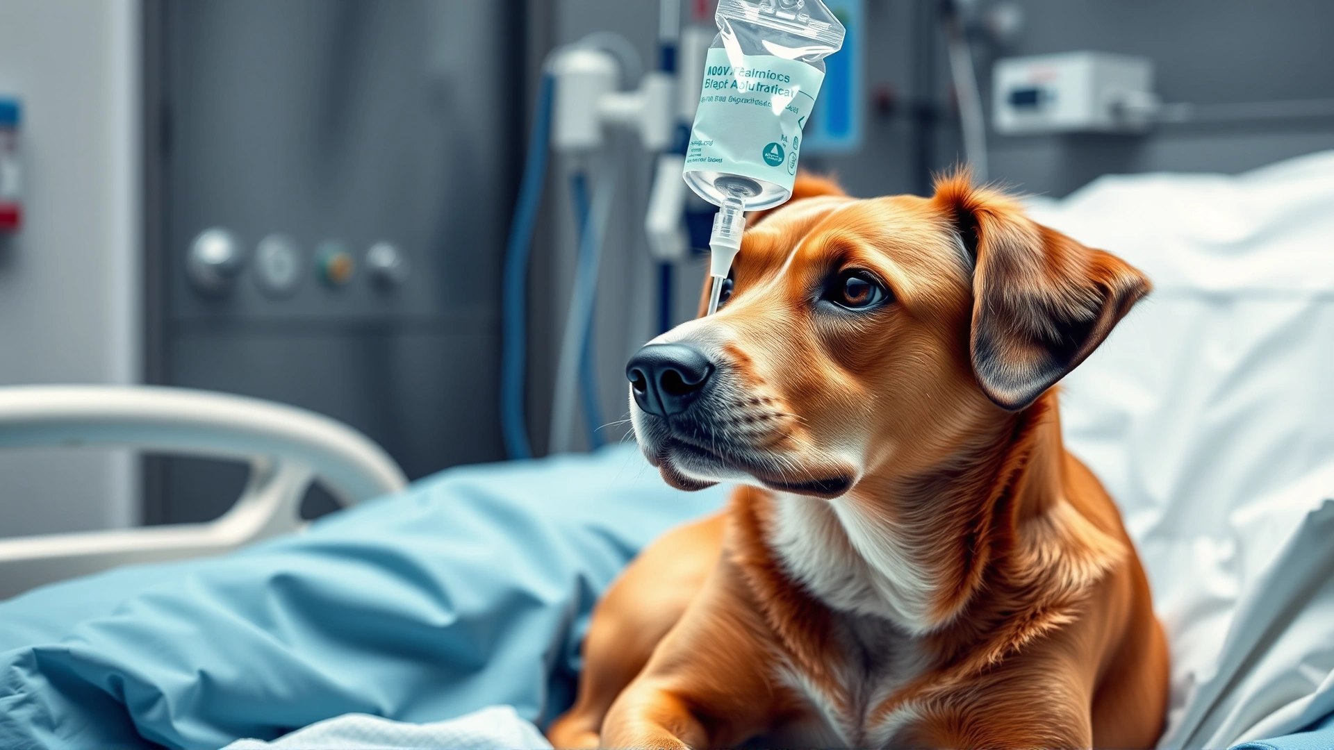 Dog on a hospital bed connected to an IV fluid drip, stainless steel equipment in background, focus on fluid bag and tubing.
