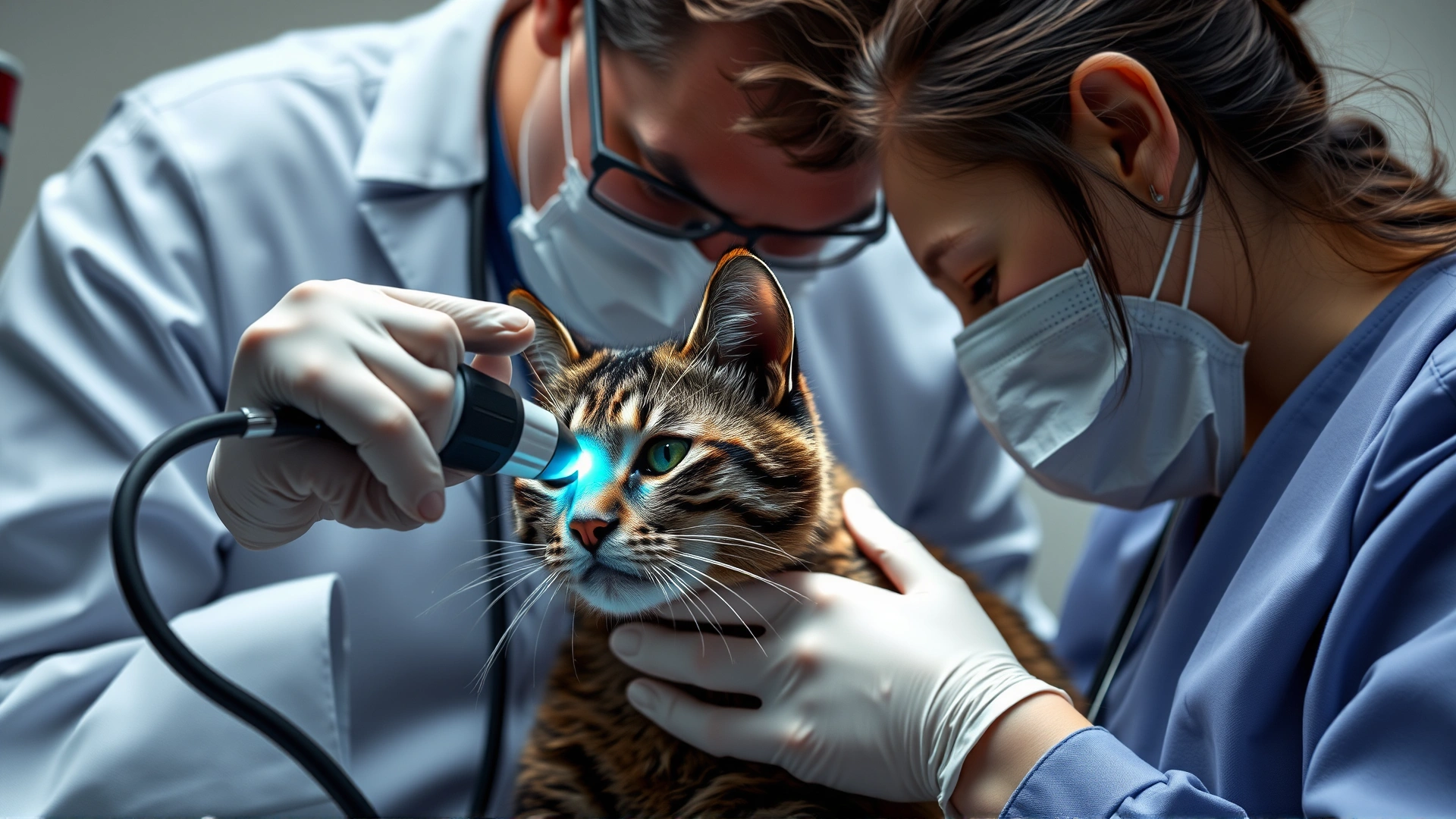 Veterinarian performing laser surgery on a cat's ear with an assistant holding the cat, medical setting, no text.