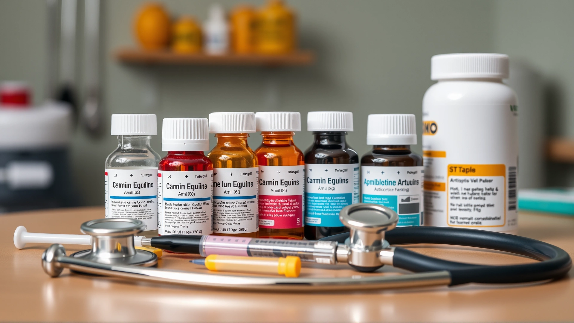 Tabletop arrangement of common equine antibiotics and syringes with a stethoscope in a veterinary clinic setting, soft natural lighting.