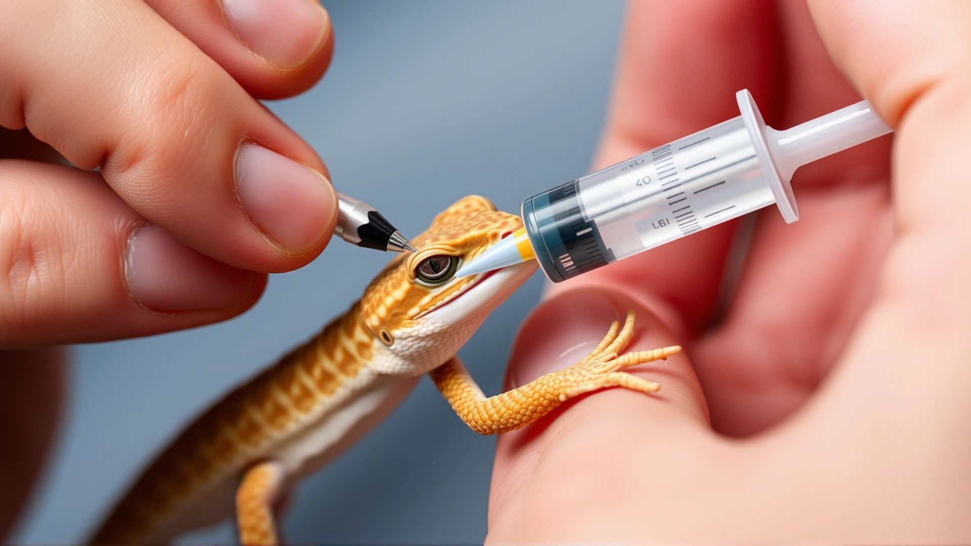 Close-up of a reptile owner administering oral medication to a small gecko using a plastic syringe, gentle hands, clear focus on the procedure