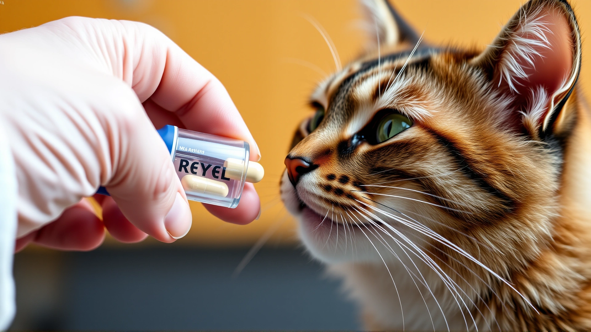 Close-up of human hand giving a small pill to a cooperative cat with pill dispenser, demonstrating medication administration