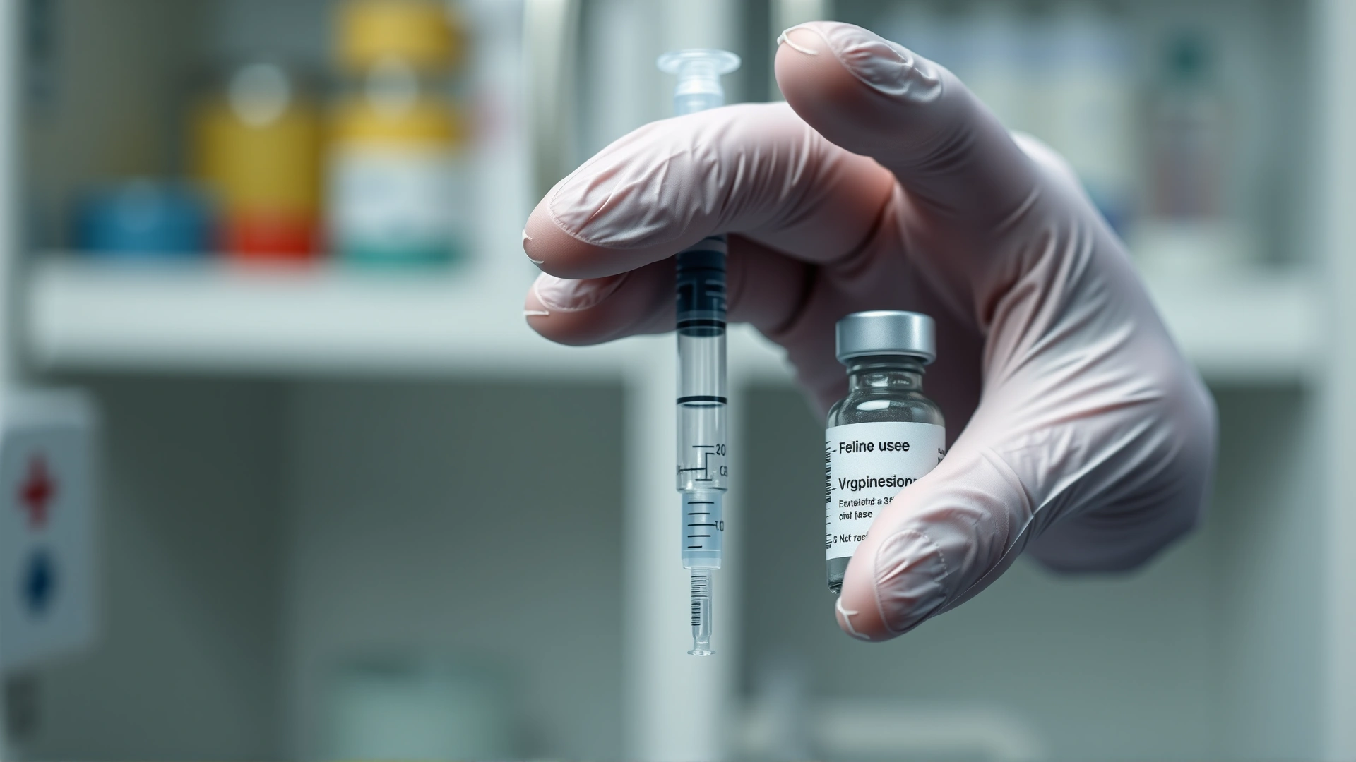 Close-up of veterinary hands holding a syringe and small vial labeled for feline use, blurred background of medical cabinet.