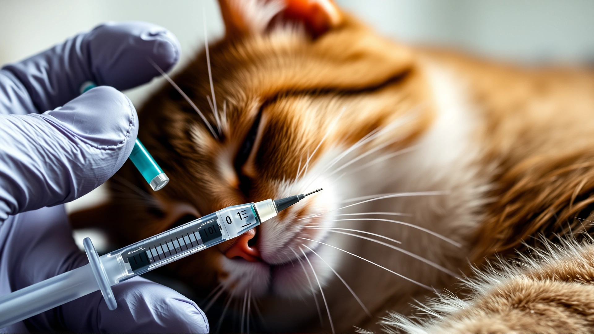 Close-up of a human hand holding a small syringe filled with deworming medication next to a relaxed cat, background softly blurred, highlights treatment phase.