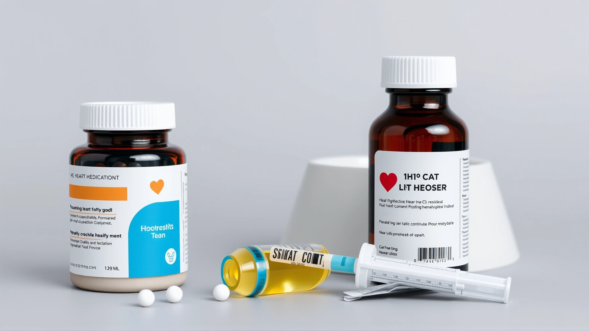 Neatly arranged heart medications for cats including pill bottle, liquid syringe, and small packets, next to a cat food bowl, simple neutral background