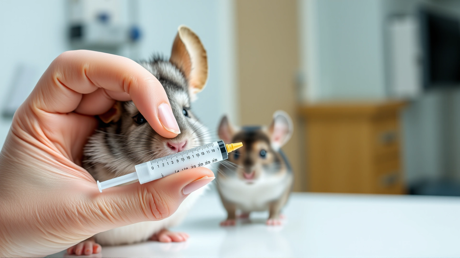 Hand holding a small syringe of antibiotic medication next to a chinchilla, demonstrating medication administration, bright clinic setting.