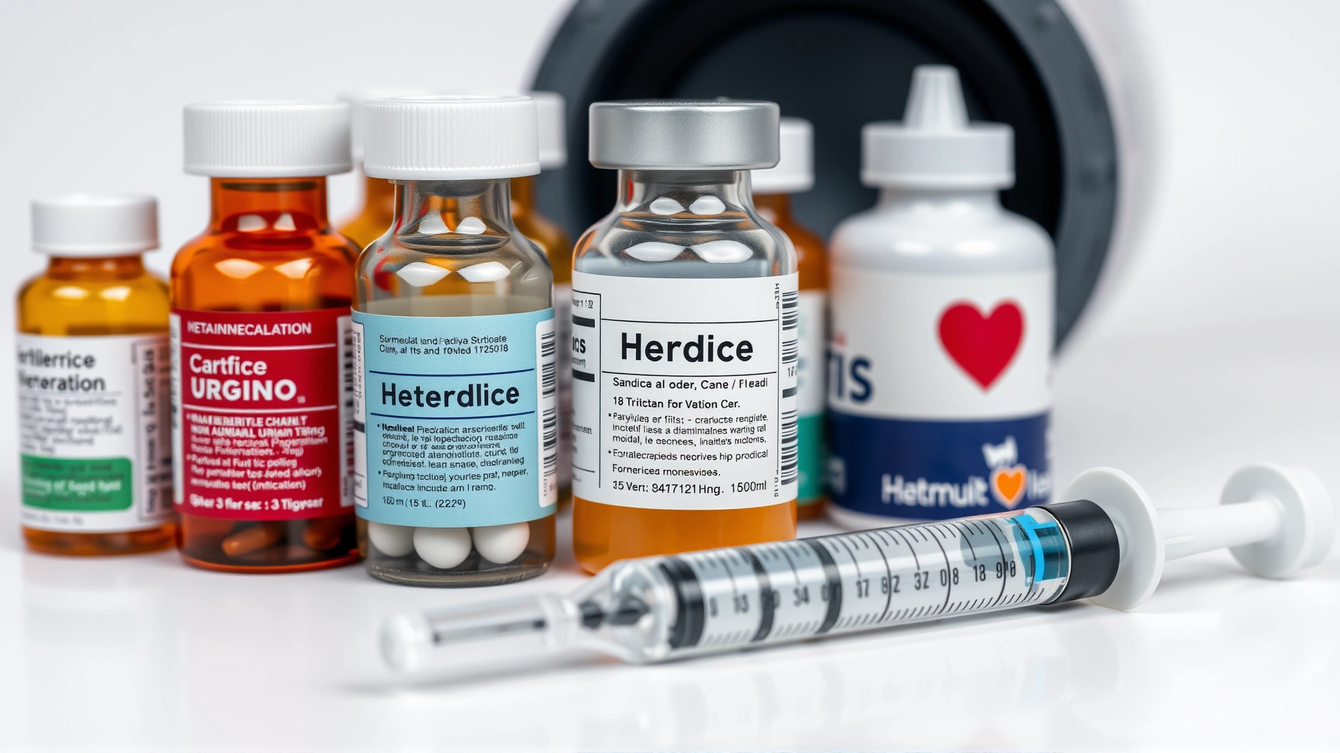 Close-up of various veterinary cardiac medications and a syringe next to a prescription bottle labeled for cats, clean white background