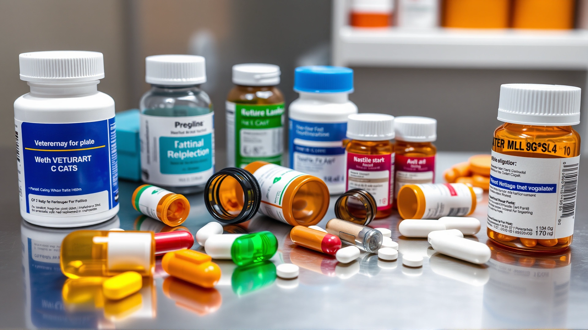 Close-up of various veterinary heart medications for cats on a stainless steel table, with prescription bottle and pill organizer