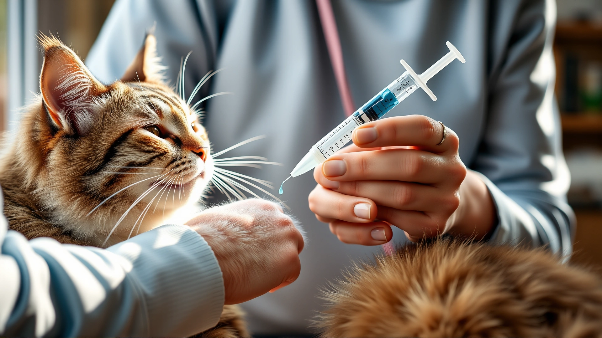 Cat owner administering liquid medicine with a syringe to a cooperative cat at home, warm natural light.