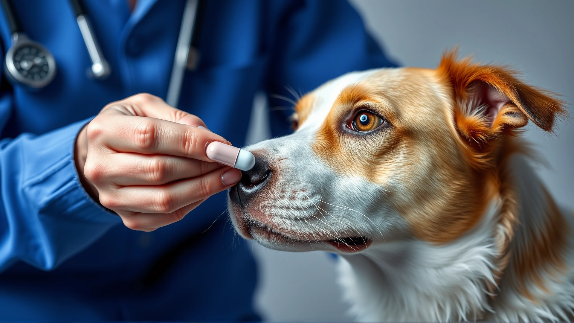 Dog owner gently giving a pill to a dog, representing medical treatment for the condition.