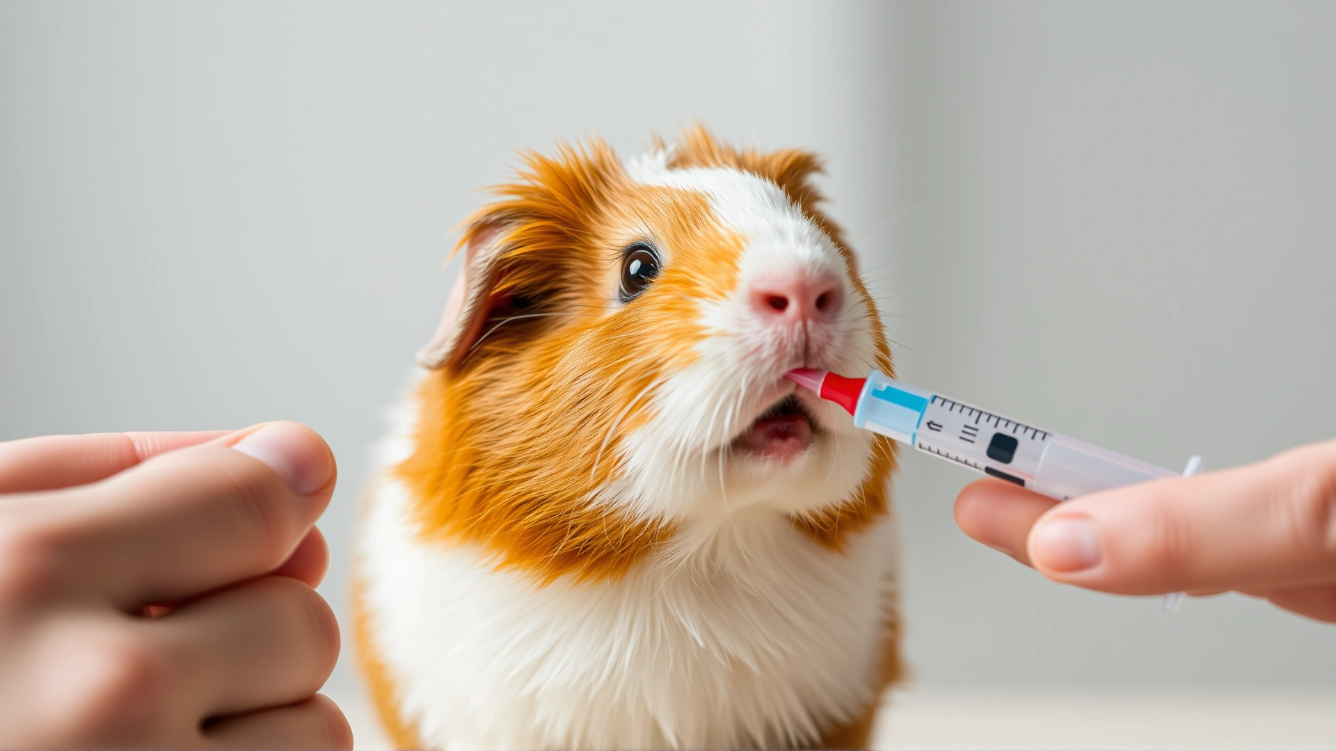 Guinea pig being given oral medication from a small plastic syringe by a caretaker, calm environment
