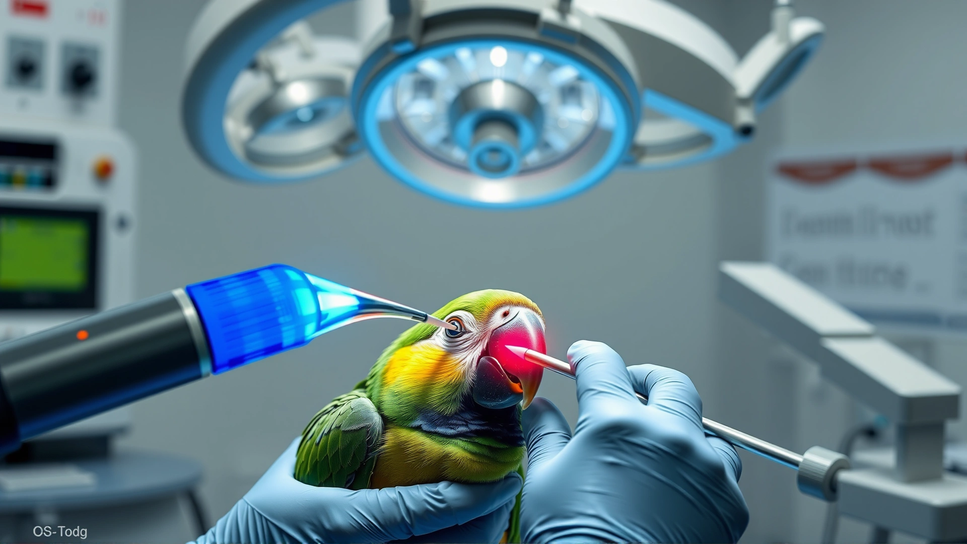 Avian veterinarian using a CO2 laser to remove a cloacal papilloma from a parrot in a surgical suite, no text