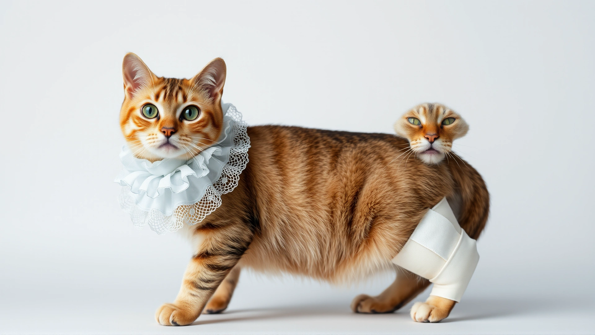 Studio photo of a domestic cat wearing an Elizabethan collar with its front leg bandaged, plain light background, no text.