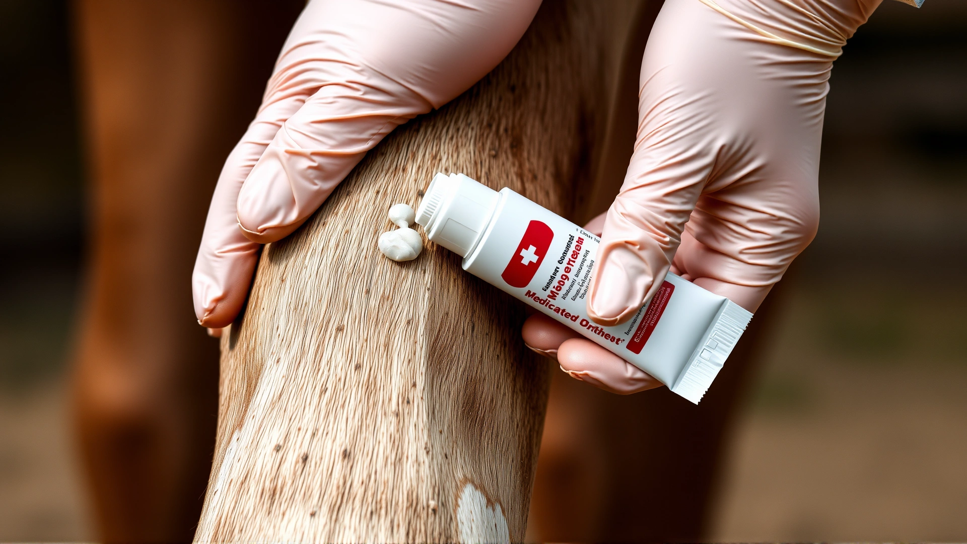 Close-up of hands in latex gloves applying a medicated ointment to a horse's cracked pastern skin.