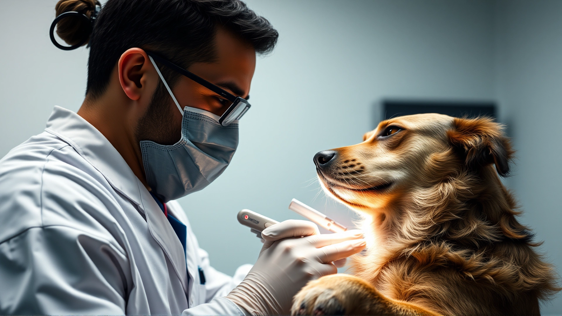 Veterinarian performing laser removal of a wart on a sedated dog inside a sterile operating room; dramatic lighting, high resolution