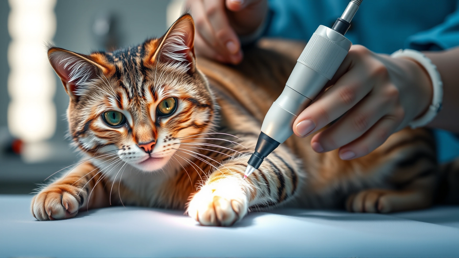 Cat on a surgical table receiving cryotherapy treatment on a small skin tumor, selective focus on the applicator