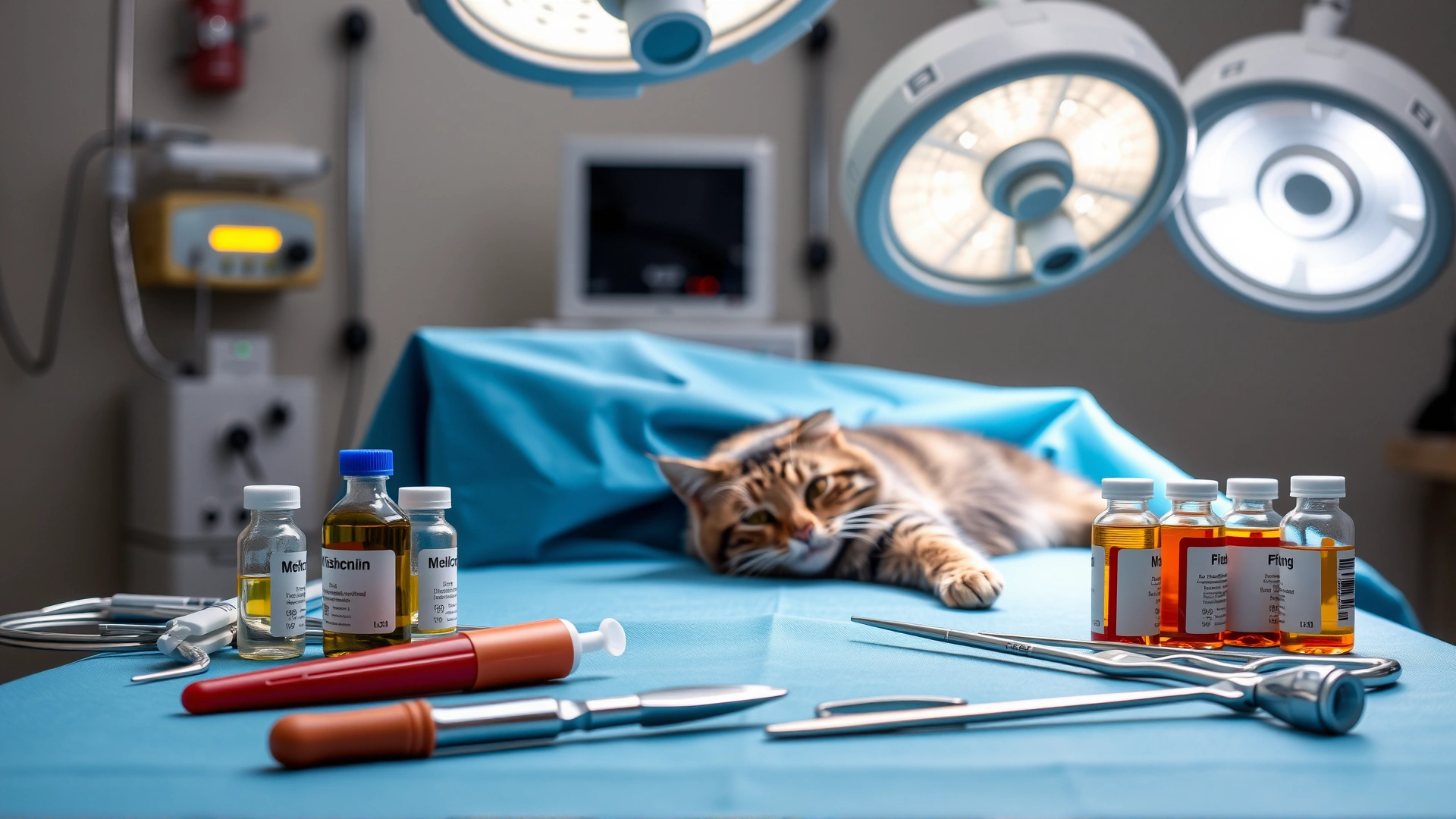 Veterinary surgical table with sterile instruments, medication vials, and a sedated cat under a soft light, illustrating diverse treatment options.
