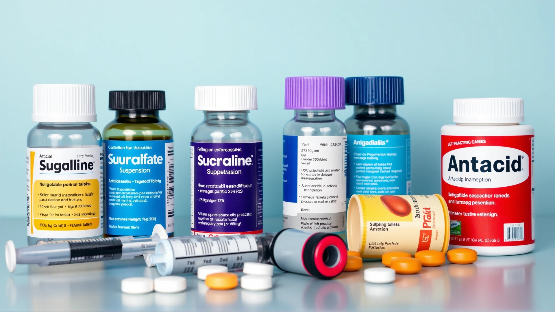 Tabletop image of veterinary medications like syringes, sucralfate suspension, and antacid tablets neatly organized, clinical backdrop.