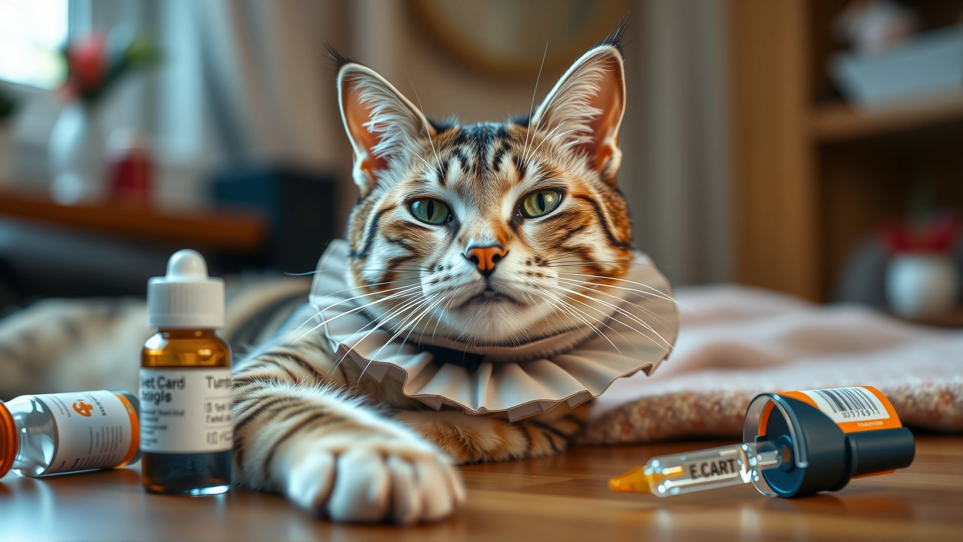 Cat resting comfortably at home with a soft Elizabethan collar (e-collar) near medication bottles and eye dropper, warm indoor lighting, no text