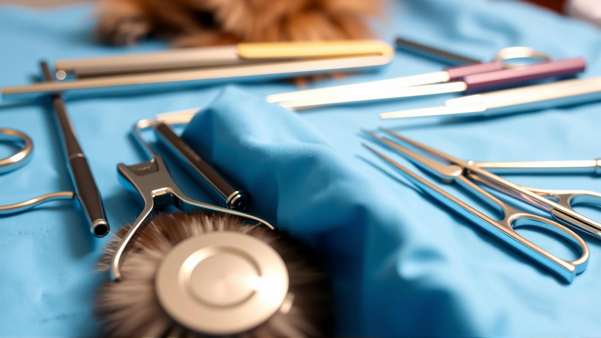 Neatly arranged ophthalmic surgical instruments on a sterile blue drape, ready for feline corneal surgery