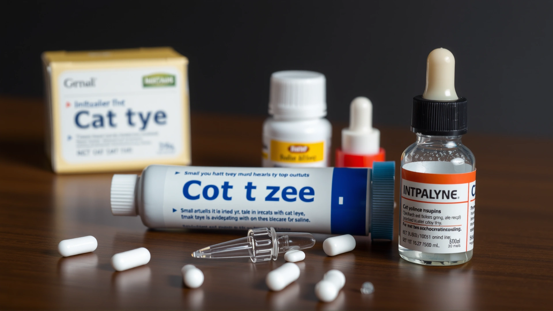 Tabletop display of cat eye medications: small ointment tube, eye drop bottle, saline solution, arranged neatly