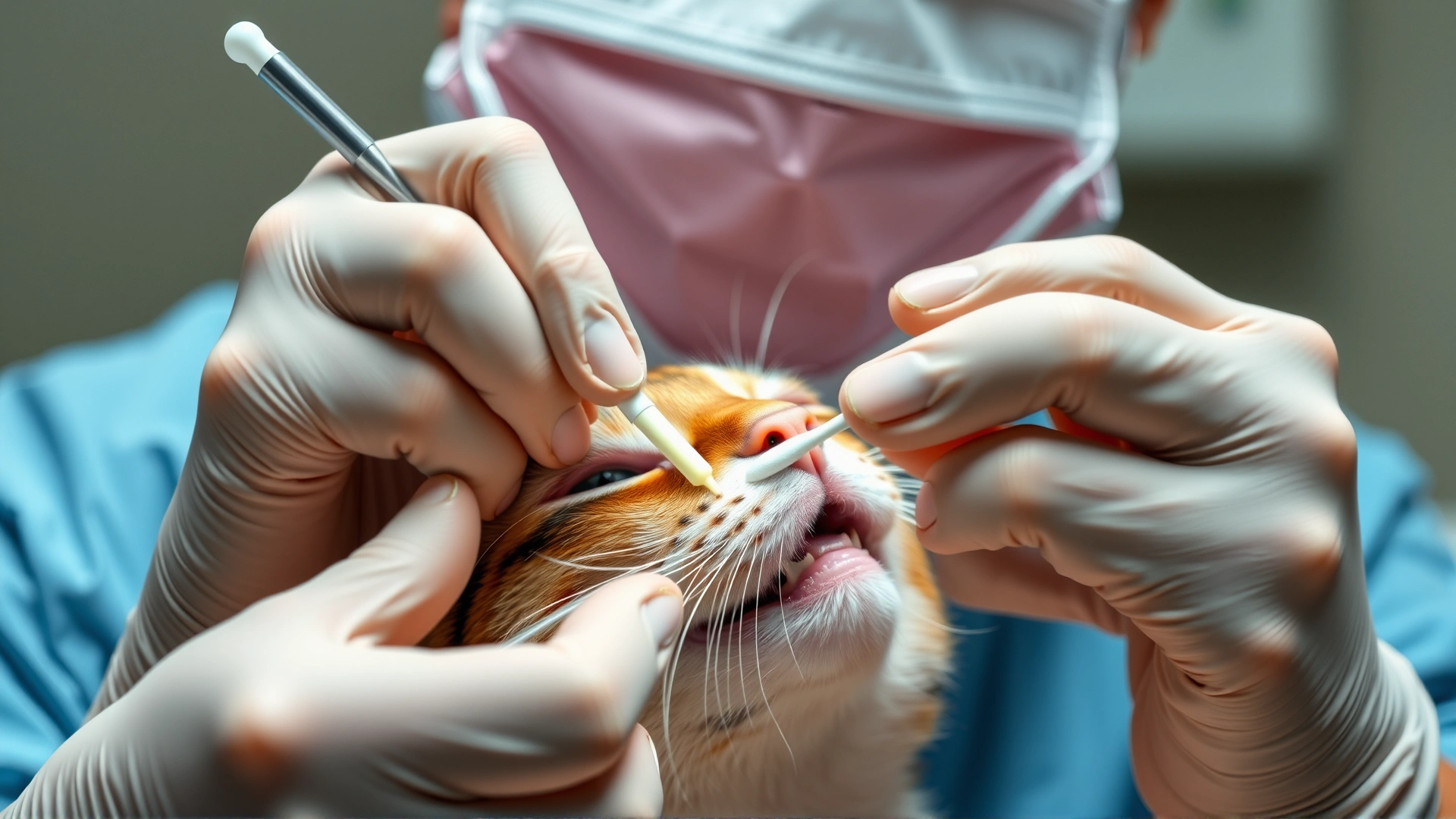 Veterinarian applying a dental gel to a sedated cat's gums using a cotton swab.