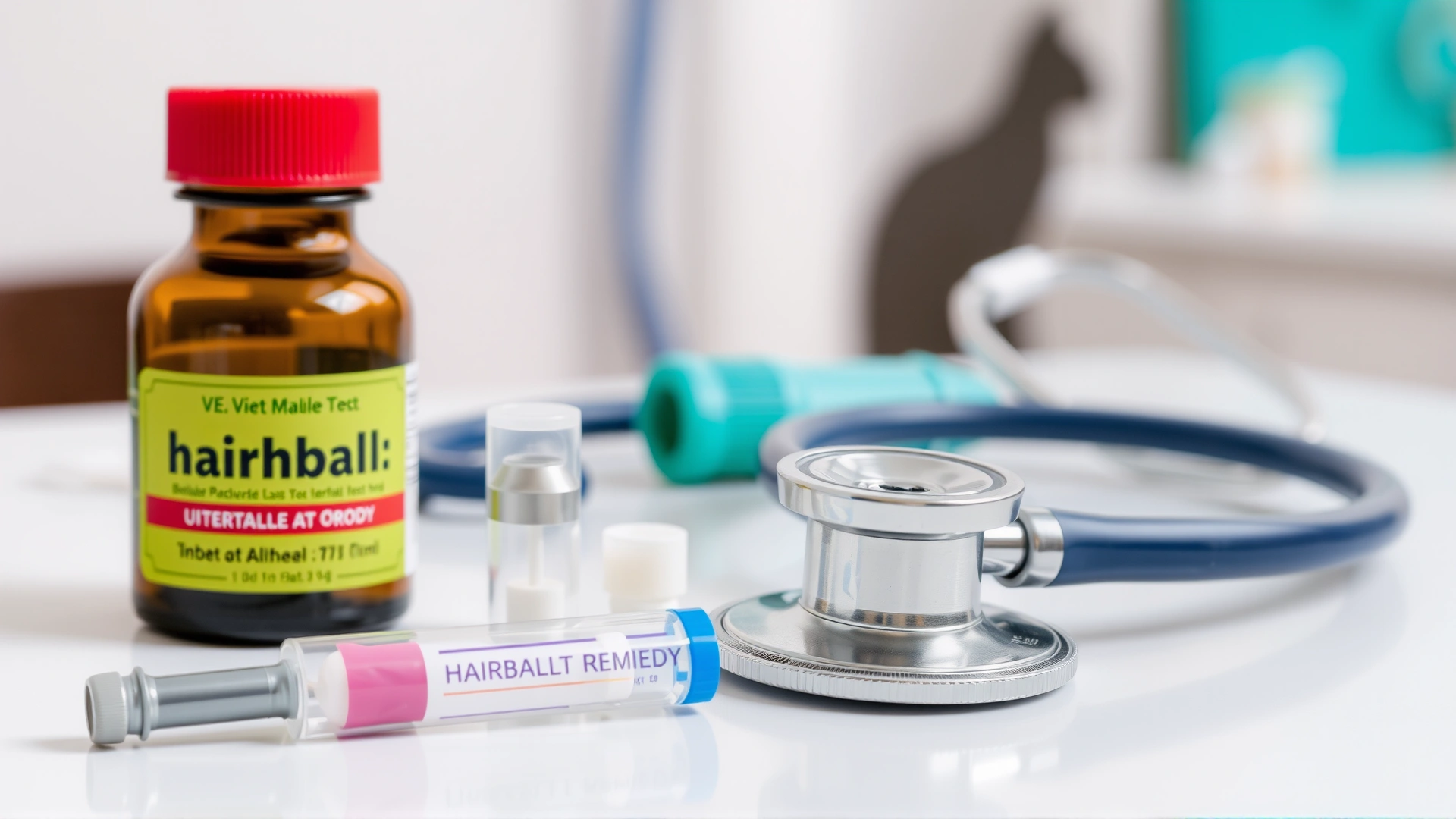 Assorted veterinary treatment items on a white table: hairball remedy tube, pill bottle, inhaler, and stethoscope, cat silhouette blurred in background