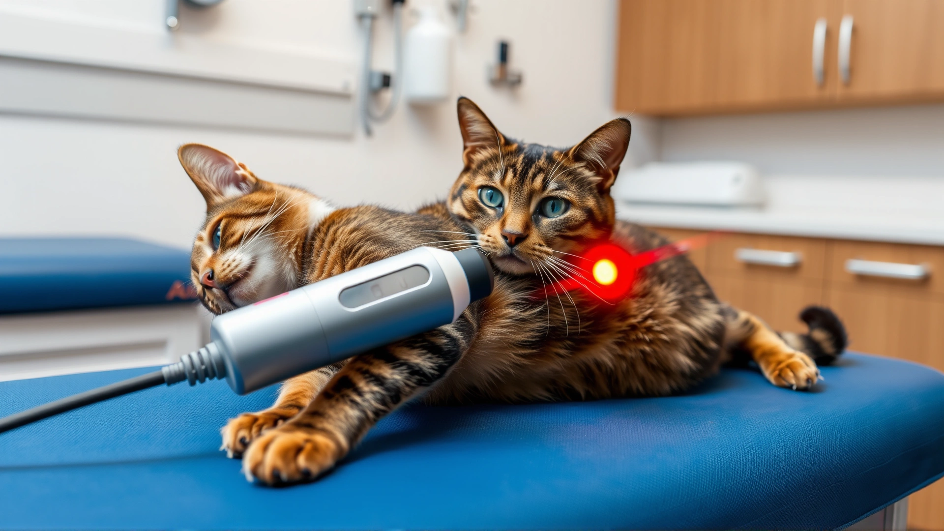 Photo of a cat receiving physiotherapy with a handheld cold-laser device applied to its hip in a veterinary rehab room
