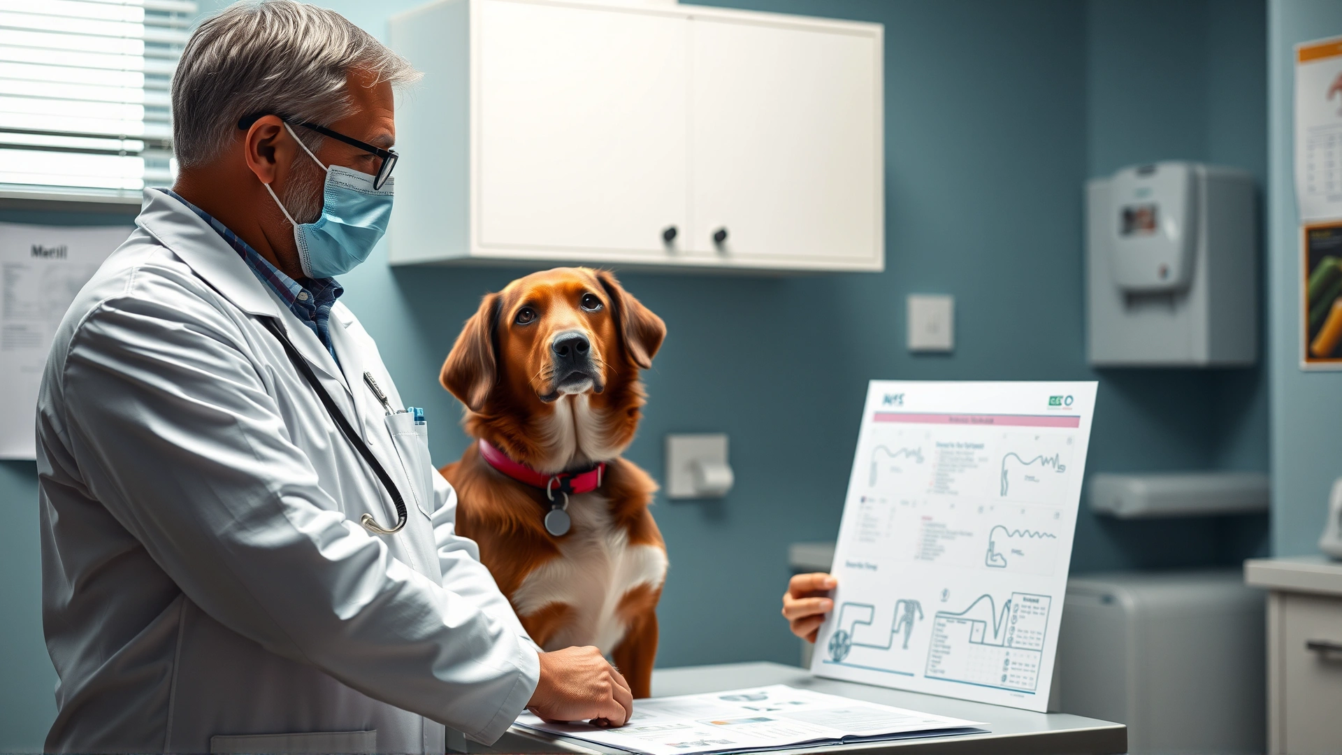 Veterinarian discussing treatment options with a concerned pet owner while pointing at medical charts in a clinic setting.