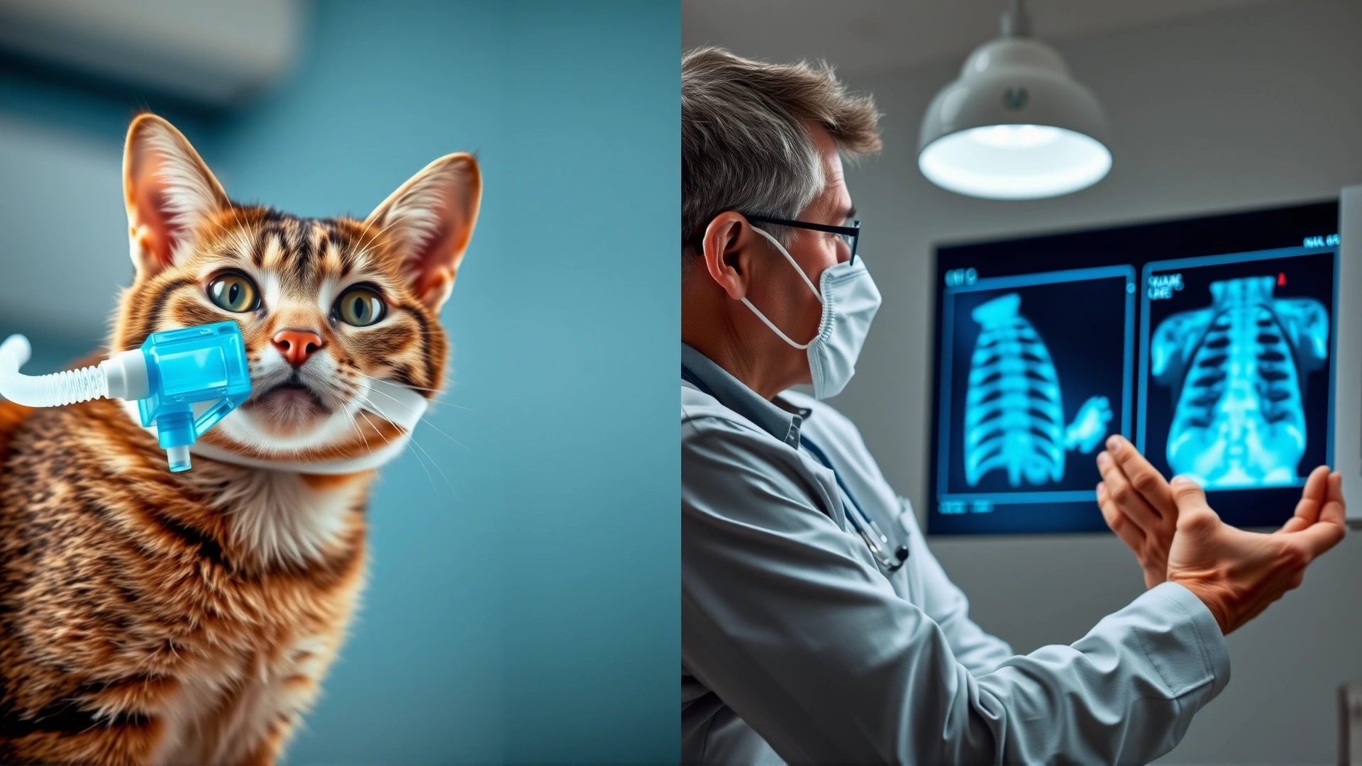 Split-frame image: on one side a cat wearing an oxygen mask, on the other a veterinarian discussing x-ray results with an owner, conveys medical decision-making, bright clinic lighting.