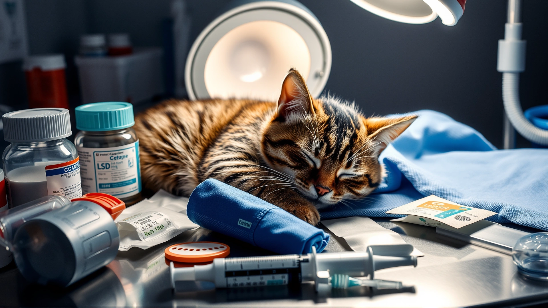Assortment of veterinary medications, bandages, and a small syringe laid out next to a calm, sleeping tabby cat under a warming lamp; cozy clinical setting.