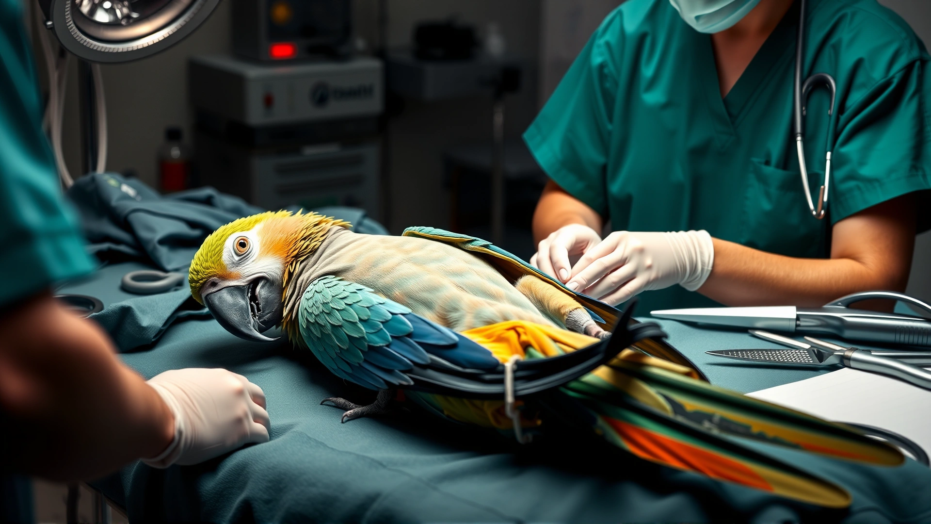 Surgical scene with an anesthetized parrot on an operating table, surrounded by sterile instruments and a veterinarian in scrubs, illustrating treatment procedures.