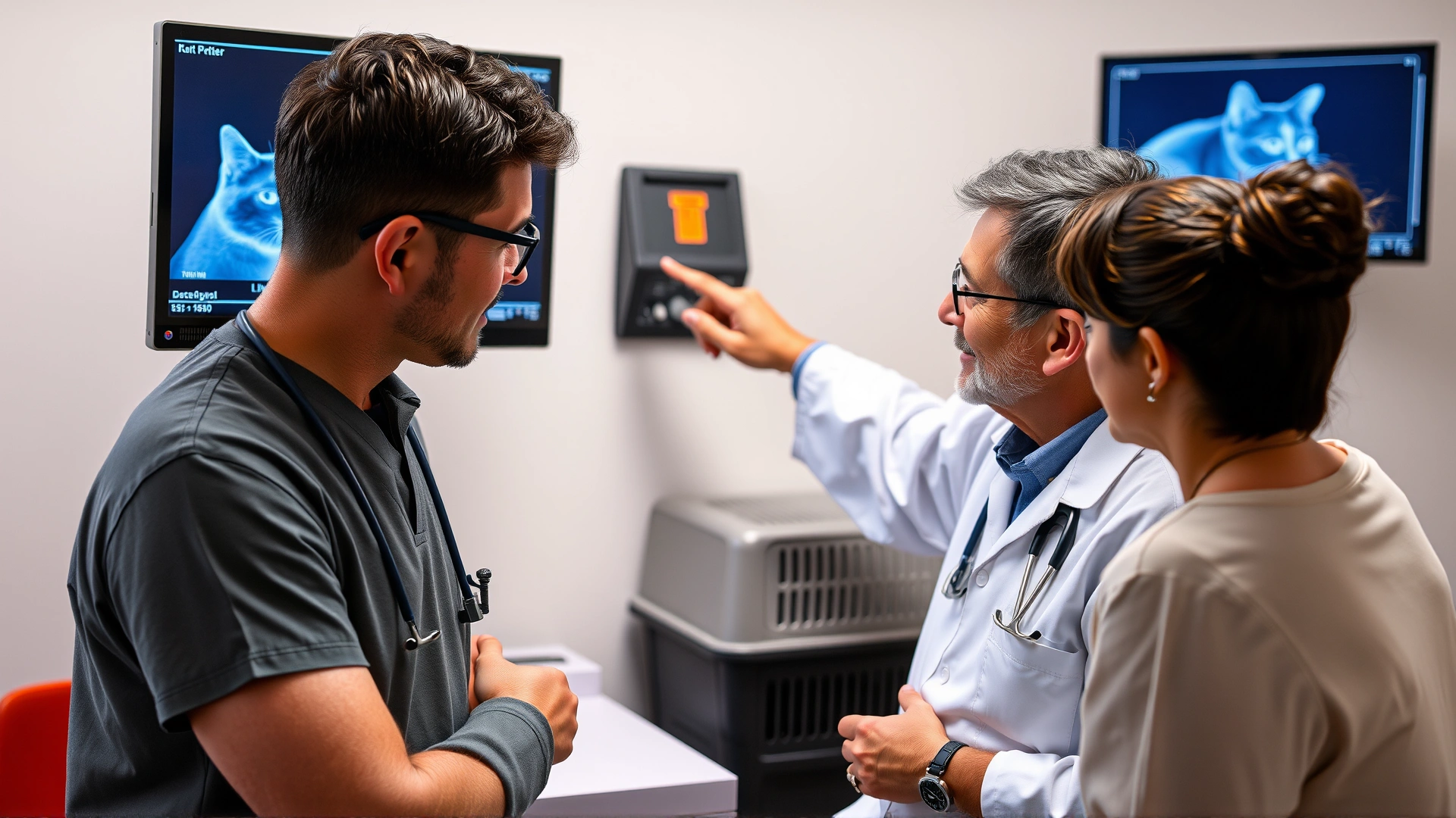 Veterinarian discussing a treatment plan with a pet owner while pointing at a digital X-ray of a cat's head on a monitor; cat carrier visible nearby