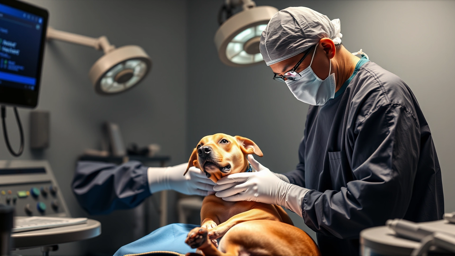 Surgeon in sterile gown and gloves performing soft-tissue surgery on a dog in a modern operating room.