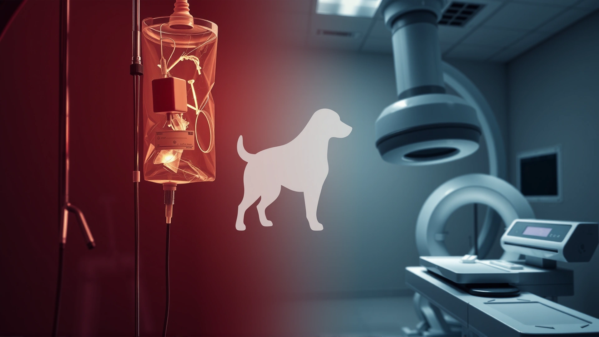 Collage-style image of surgical instruments, chemotherapy IV bag, and radiation machine, with a dog silhouette overlay, illustrating modern cancer treatments