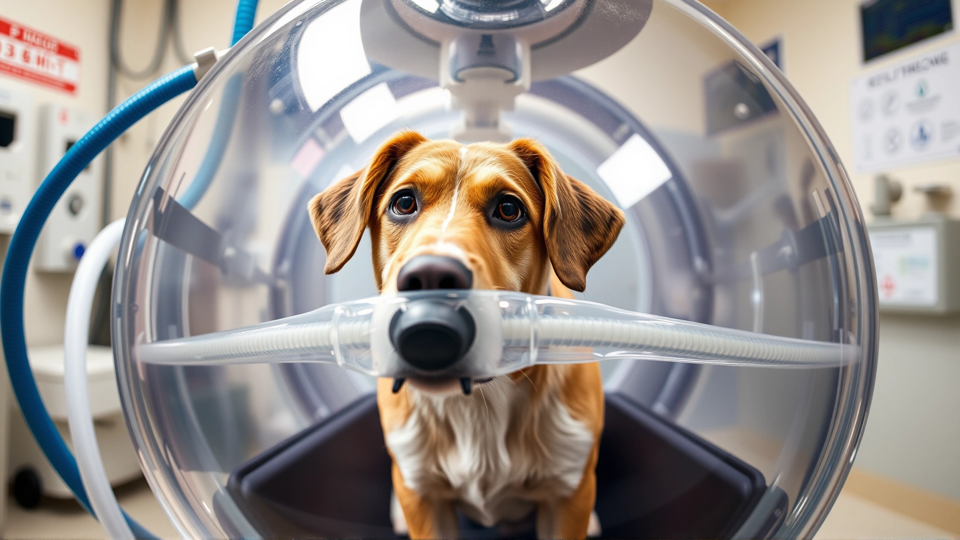 Dog inside a transparent oxygen chamber receiving emergency oxygen therapy at a veterinary hospital.