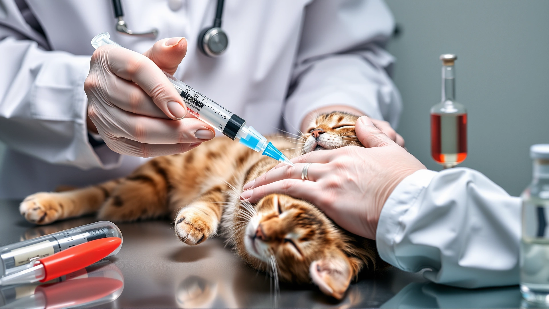 Veterinarian performing therapeutic phlebotomy on a sedated cat using a sterile syringe and IV fluids nearby.