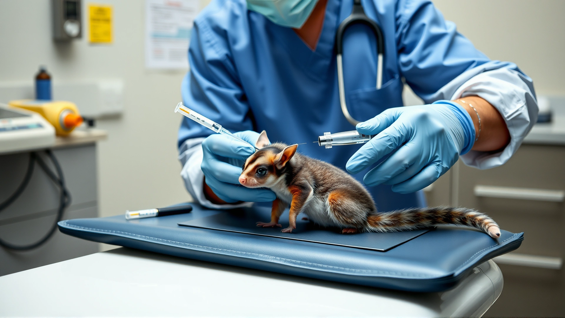 Veterinarian administering subcutaneous fluids to a sugar glider on an exam table with medical equipment visible