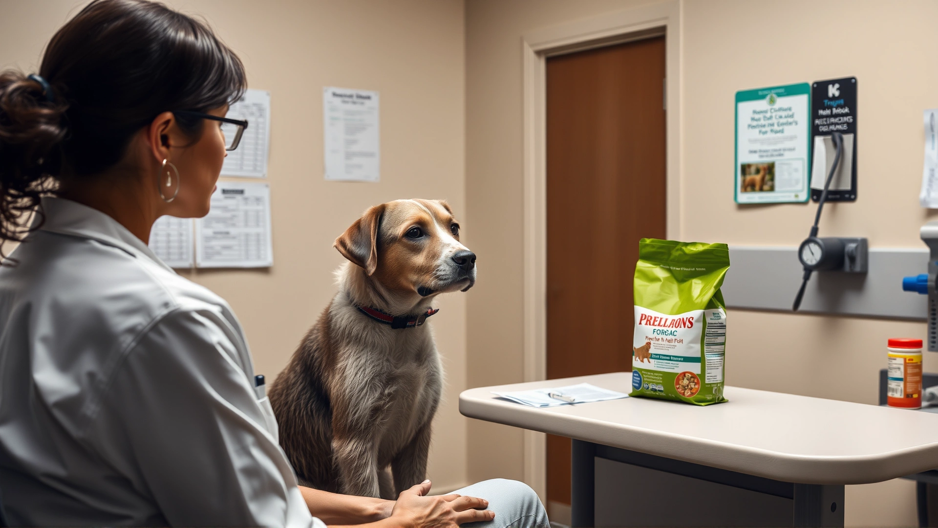 Image of a veterinarian discussing medications and a bag of prescription dog food with a pet owner inside an exam room, no charts or text visible.