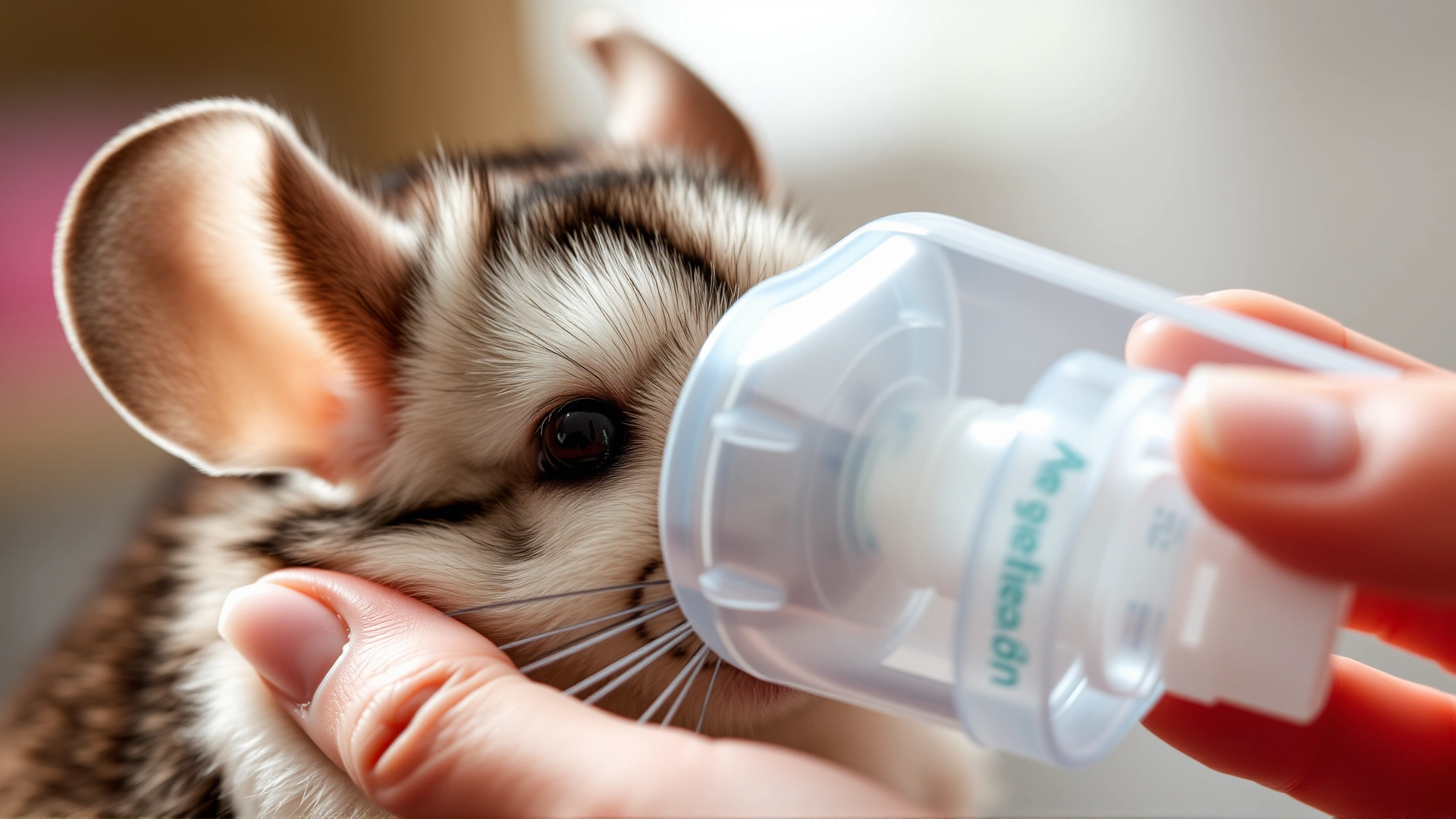 Close-up of a nebulizer mask being gently held near a chinchilla’s face, illustrating respiratory therapy, soft lighting